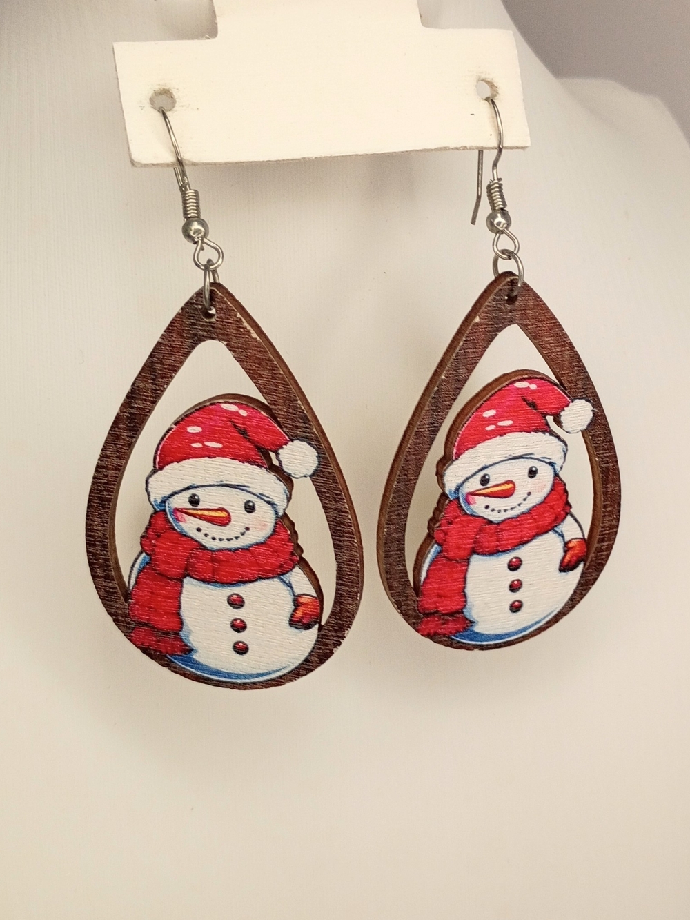 Red Snowman Wooden Teardrop Earrings - Women's Jewelry